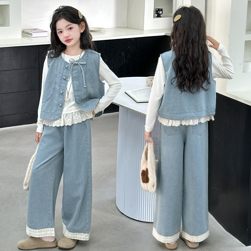 女童春秋新品牛仔套装儿童时尚洋气休闲风牛仔三件套女孩韩版秋装