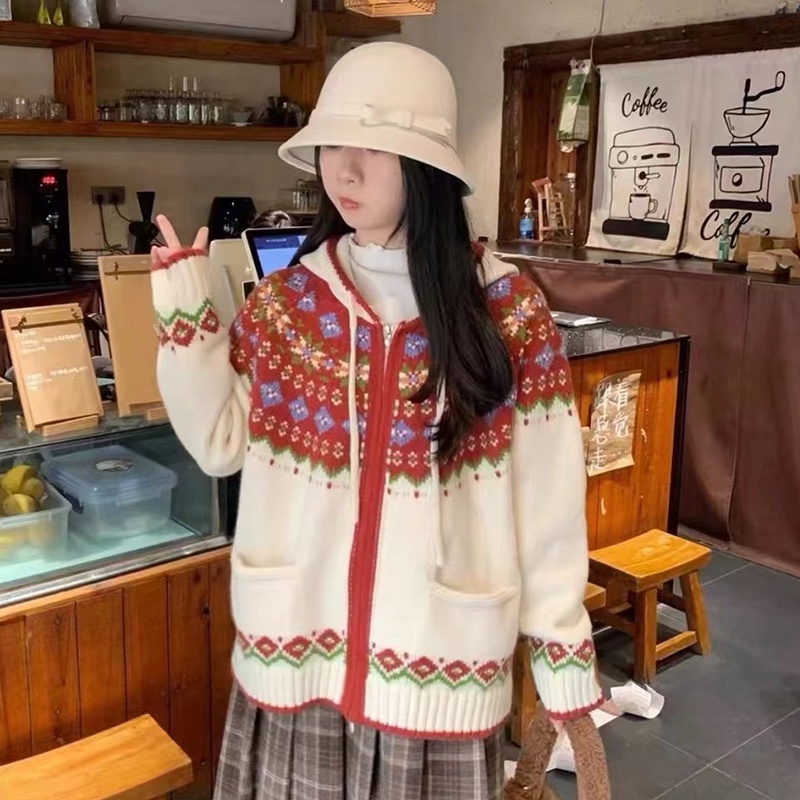 2097 冬季新款连帽针织开衫加厚休闲宽松针织衫外套女费尔岛毛衣