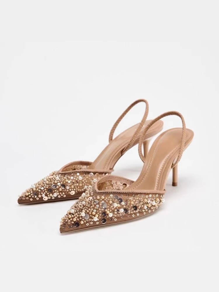 ZA2025年夏季新款女鞋杏色串珠装饰网面细跟尖头高跟凉鞋浅口单鞋