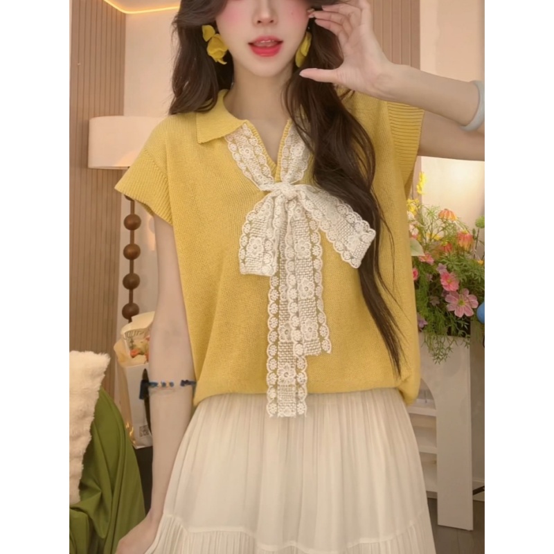 气质蕾丝v领蝴蝶结针织短袖t恤女夏季款超好看温柔甜美风小众上衣