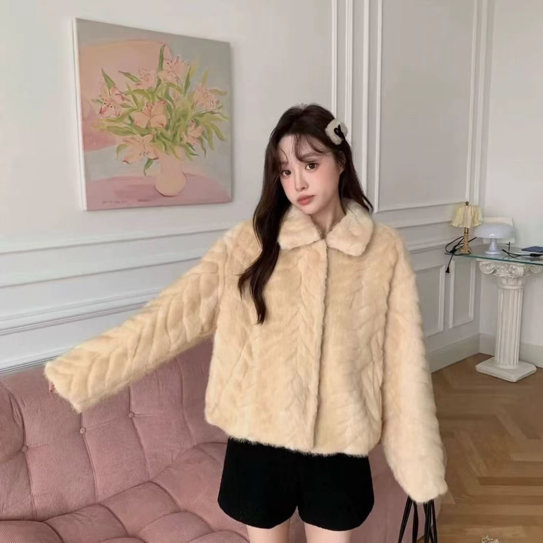 韩系高级感金叶貂翻领环保皮草外套女冬季保暖短款上衣
