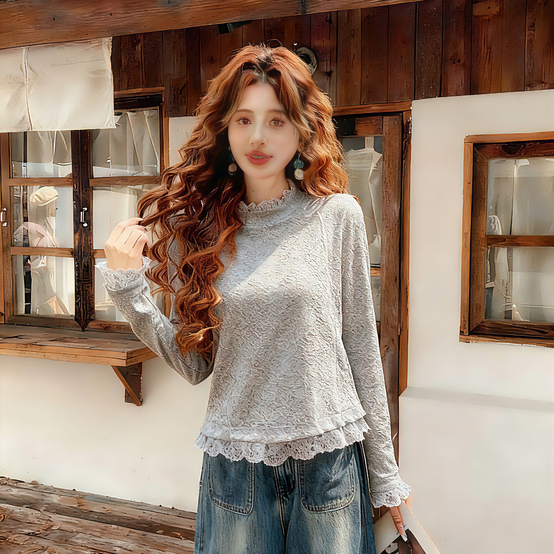 2025新款蕾丝拼接设计感卫衣长袖针织打底衫秋冬复古百搭上衣