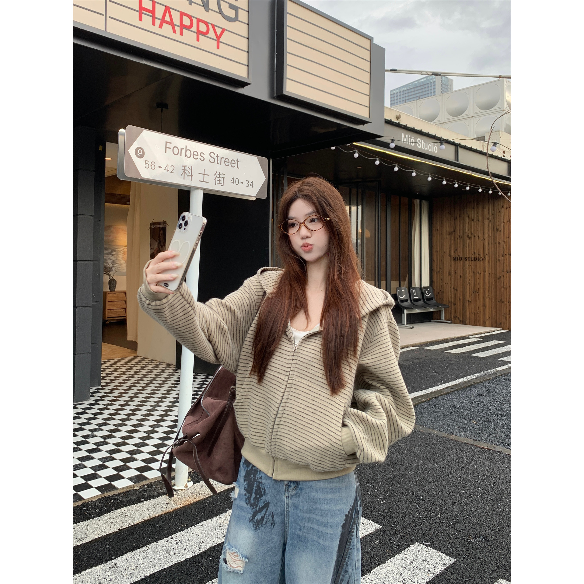 百搭上衣时尚美式复古慵懒风宽松条纹开衫连帽卫衣休闲长袖外套