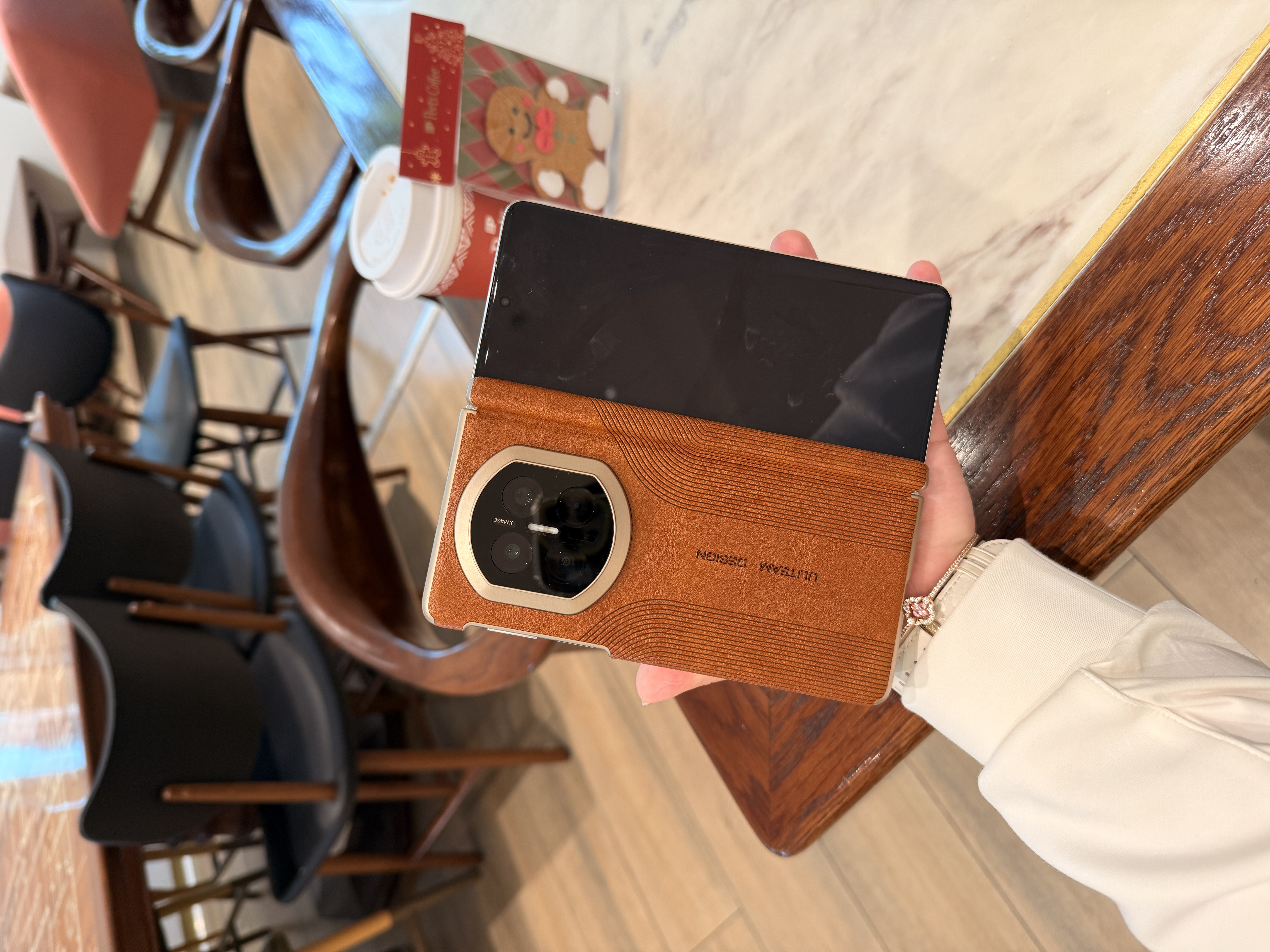 适用于华为Matex7/Matex6 油蜡皮纹双中轴 年轮竖纹折叠手机壳