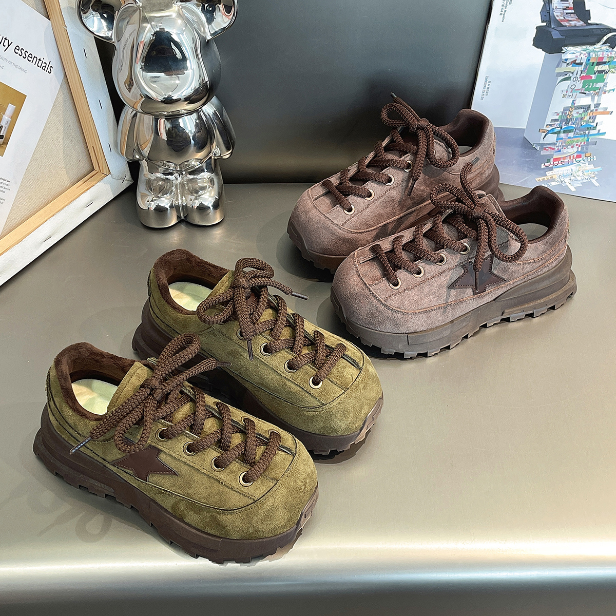 丑萌大头加绒休闲鞋女2025冬季圆头厚底保暖棉鞋百搭星星老爹鞋