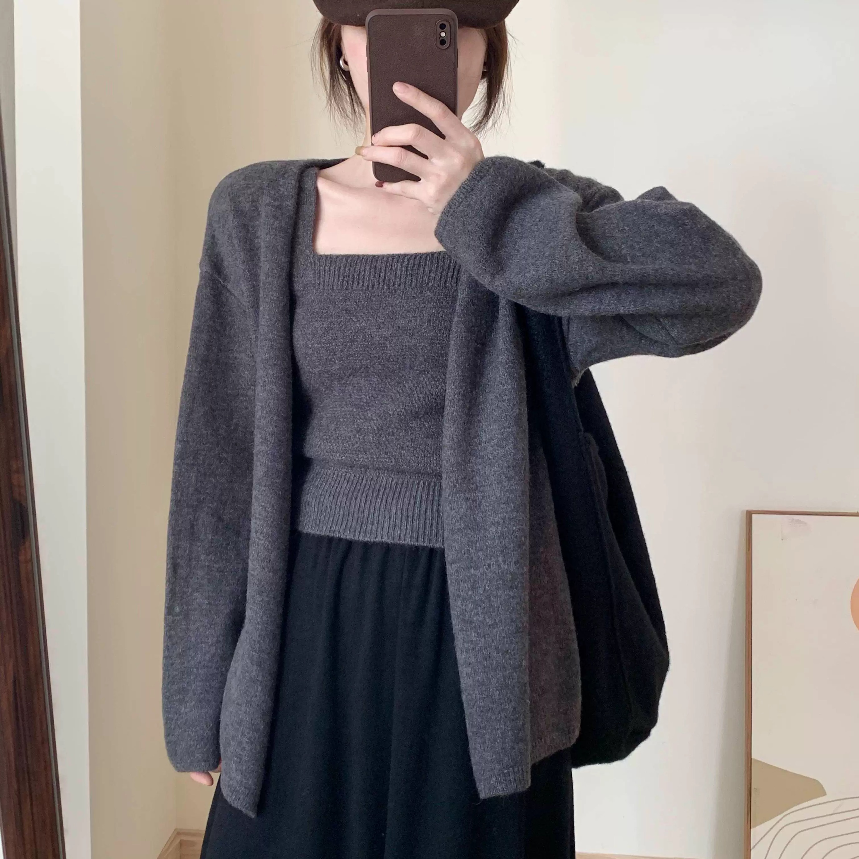 纯色休闲宽松吊带背心两件套2025秋季新款通勤小个子上衣内搭套装