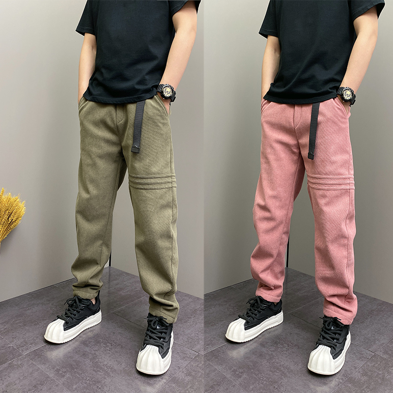2025秋冬加绒加厚潮流休闲裤男韩版宽松运动弯刀裤条绒松紧腰长裤