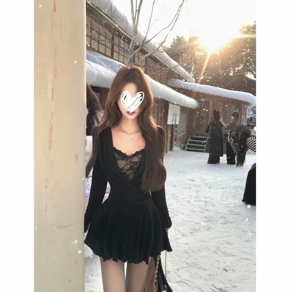 【幽夜幻灵】蕾丝弹力纯欲假两件荷叶摆气质连衣裙