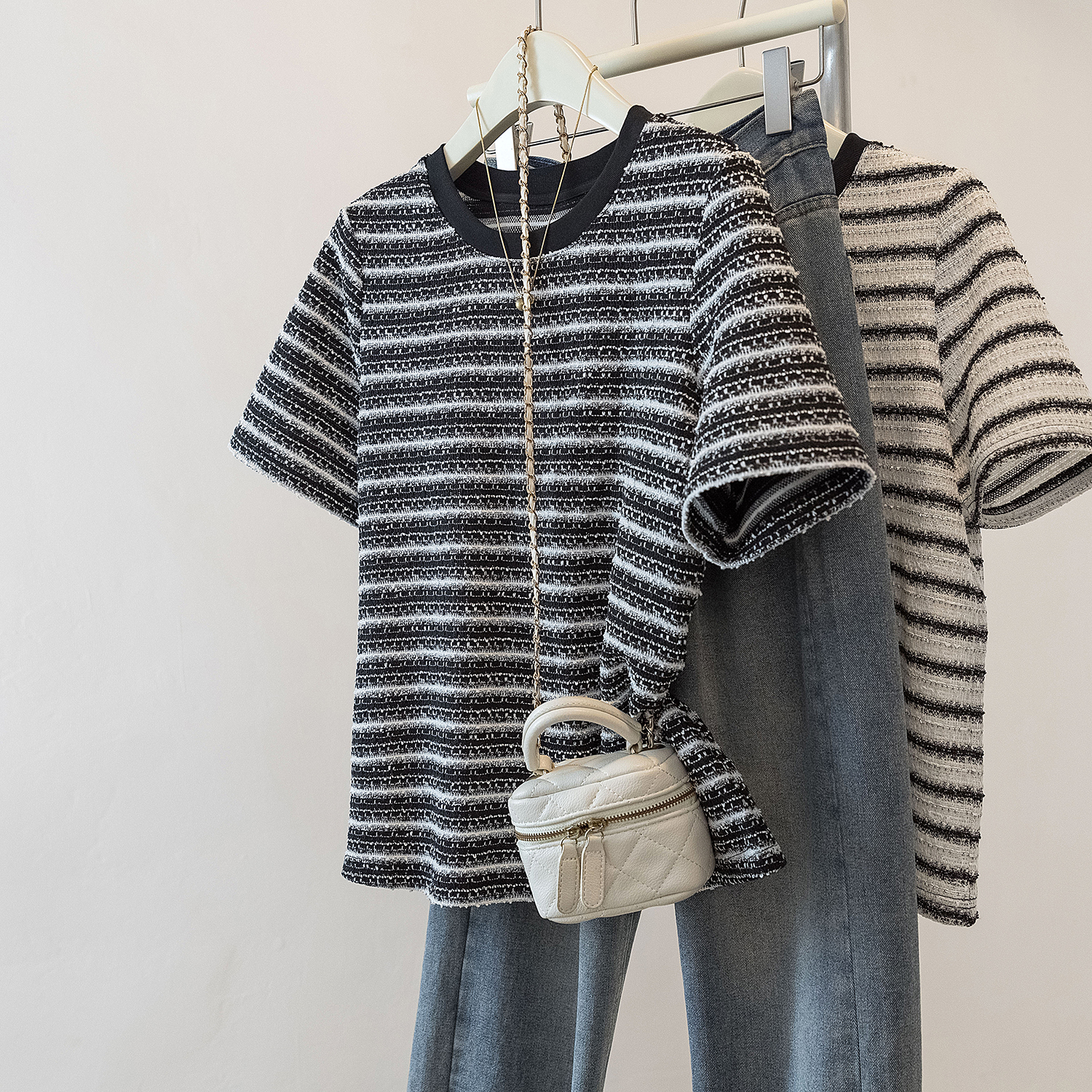 yoewshean/羽媗夏季微胖mm大码女装小香风条纹短袖t恤遮肚子显瘦