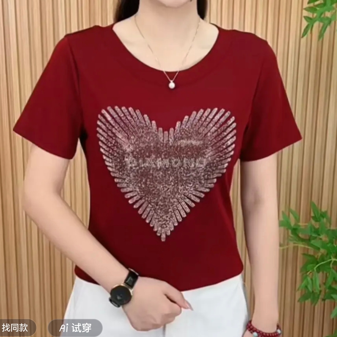 2025夏季时尚洋气新款简约圆领纯色烫钻字母百搭显瘦短袖A1107