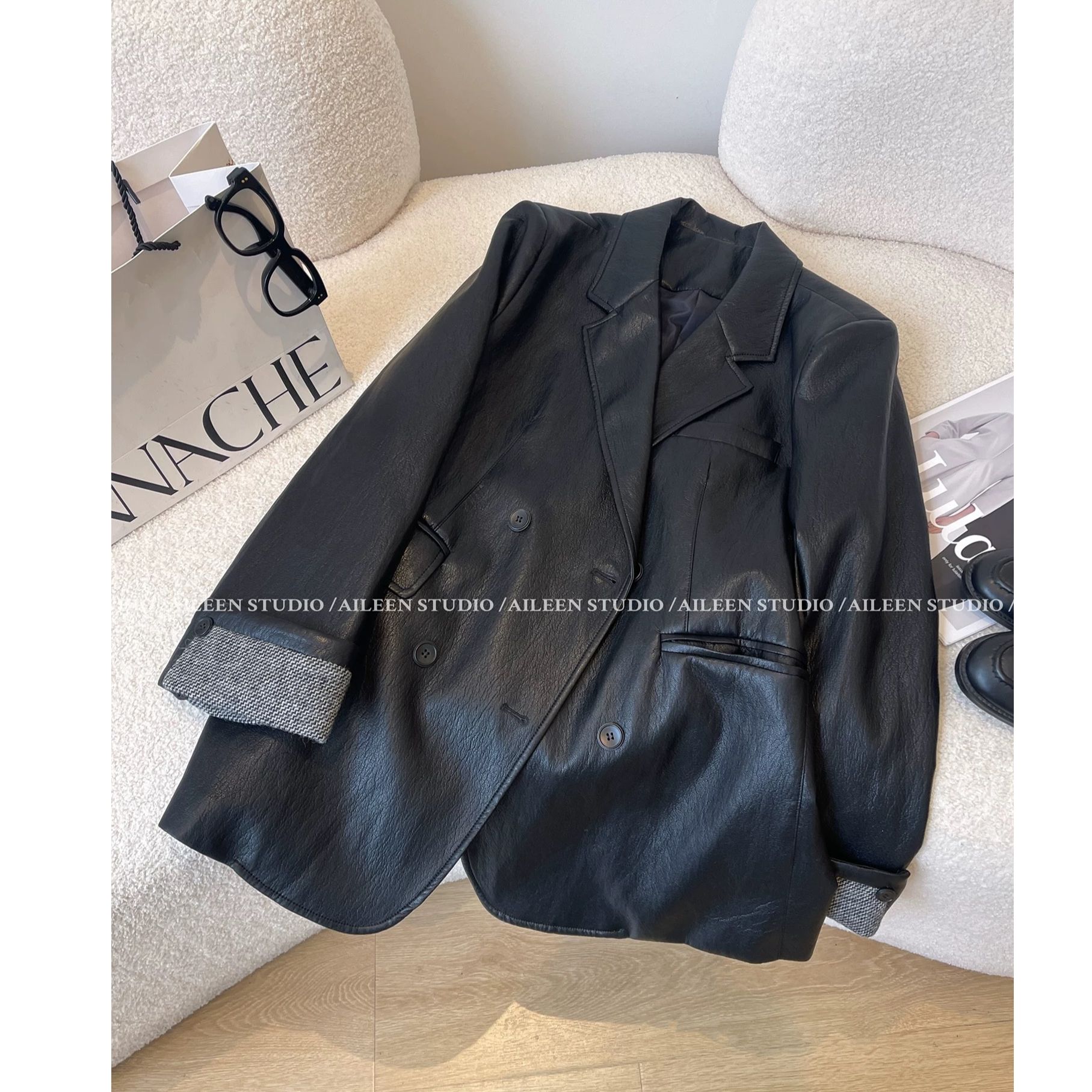黑色皮衣西装外套女2025秋装新款韩版时尚宽松高级感皮夹克上衣潮