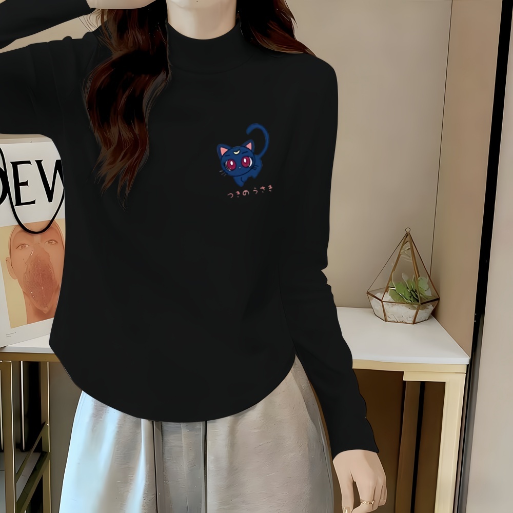 半高领德绒打底衫女秋冬季下摆弧形辣妹修身显瘦百搭保暖小猫上衣