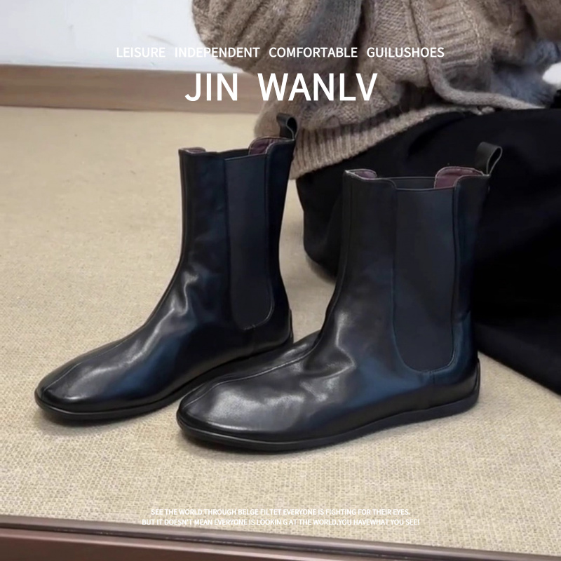 羊皮版~法式秋冬新款加绒切尔西靴女圆头气质百搭平底内增高短靴