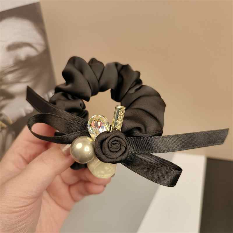 法式珍珠蝴蝶结头绳黑色气质皮筋扎高马尾玫瑰花小香风丸子头发绳