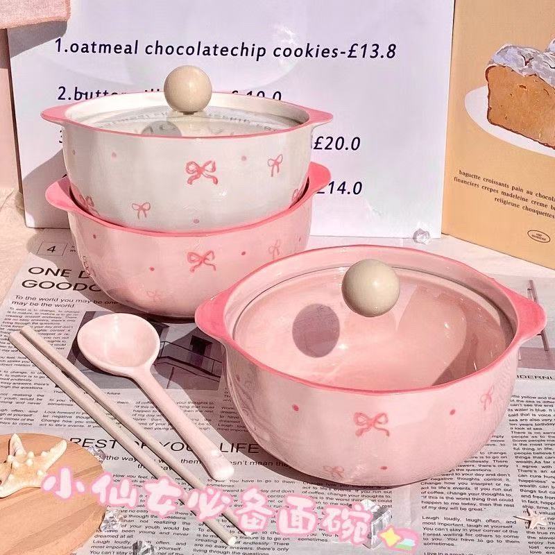 超仙新款泡面碗蝴蝶结少女心高颜值创意陶瓷面碗耐高温高级带盖yw