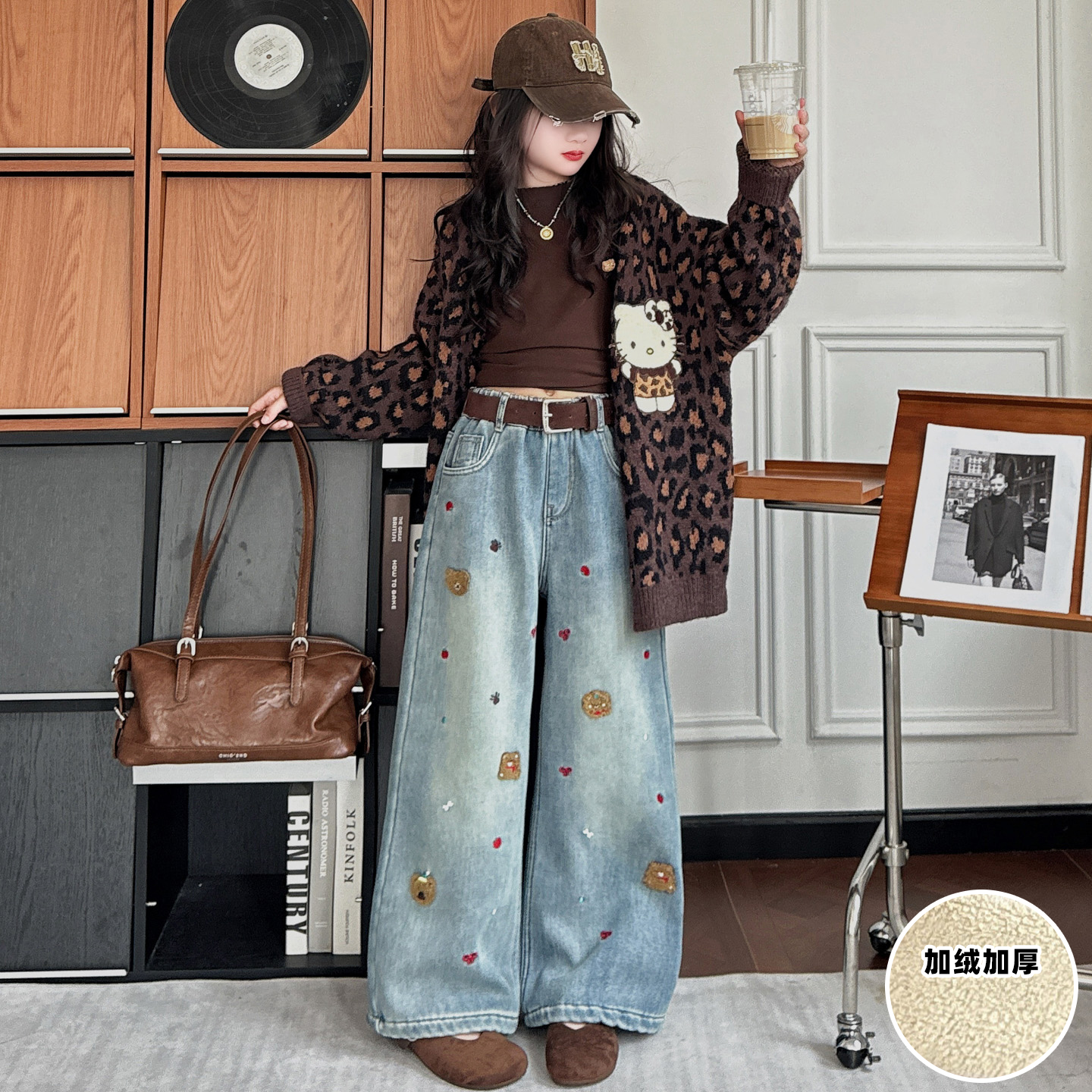 女童牛仔裤秋冬新款加绒加厚儿童洋气爆款女孩百搭直筒刺绣阔腿裤