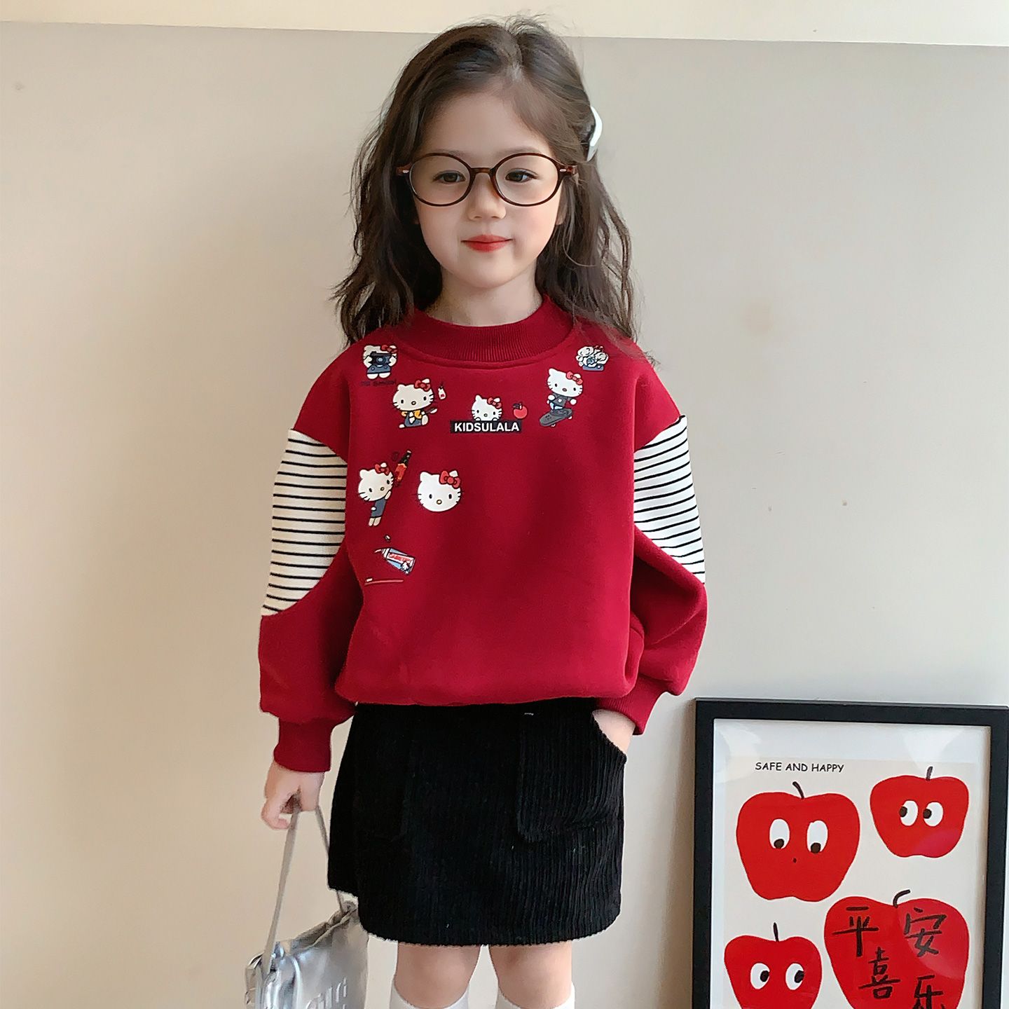 潮流拼接女童加绒卫衣冬季2025新款时尚韩版保暖童装圆领上衣