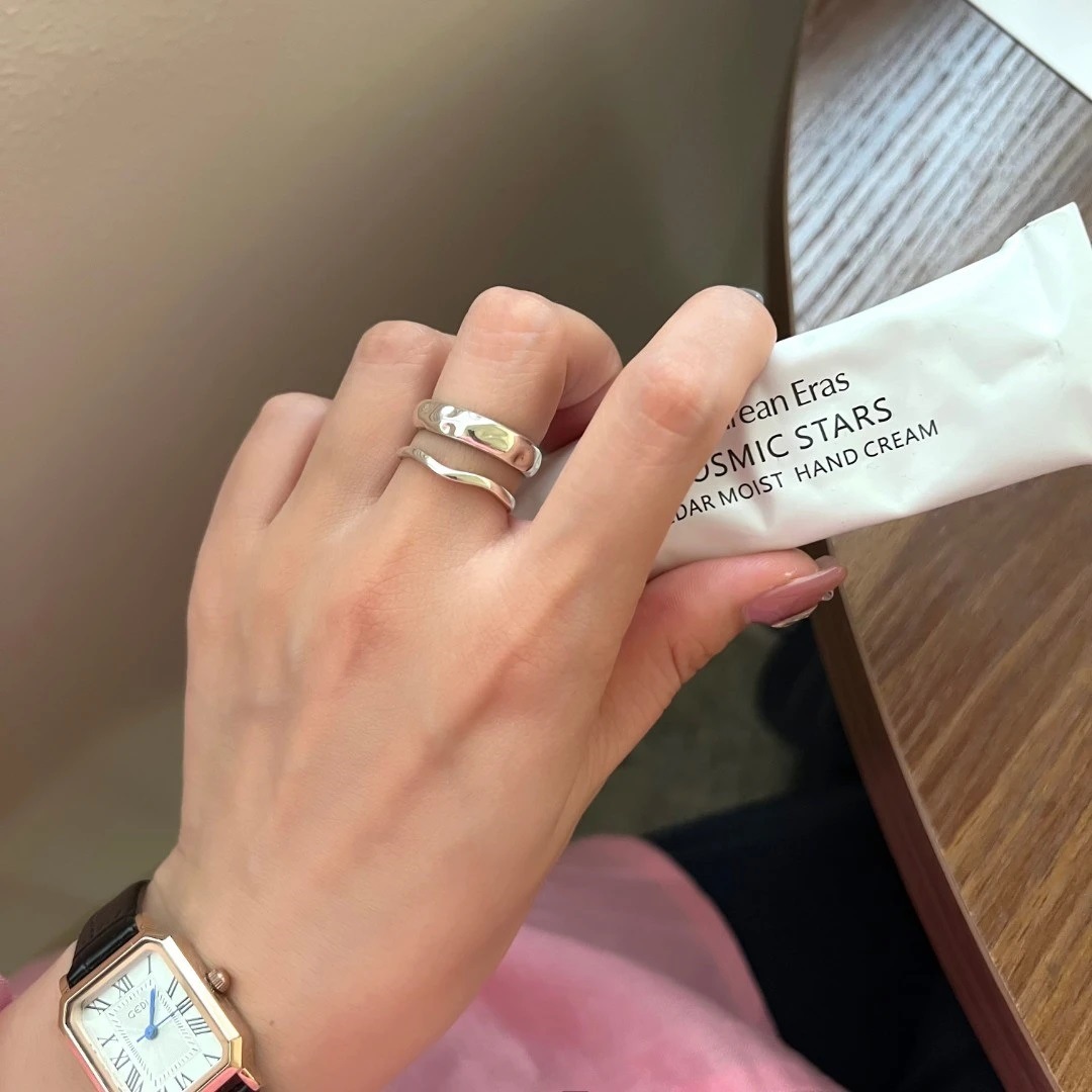 925银玻璃戒指 通体s925纯银小众设计时尚个性ins风百搭捶打波浪