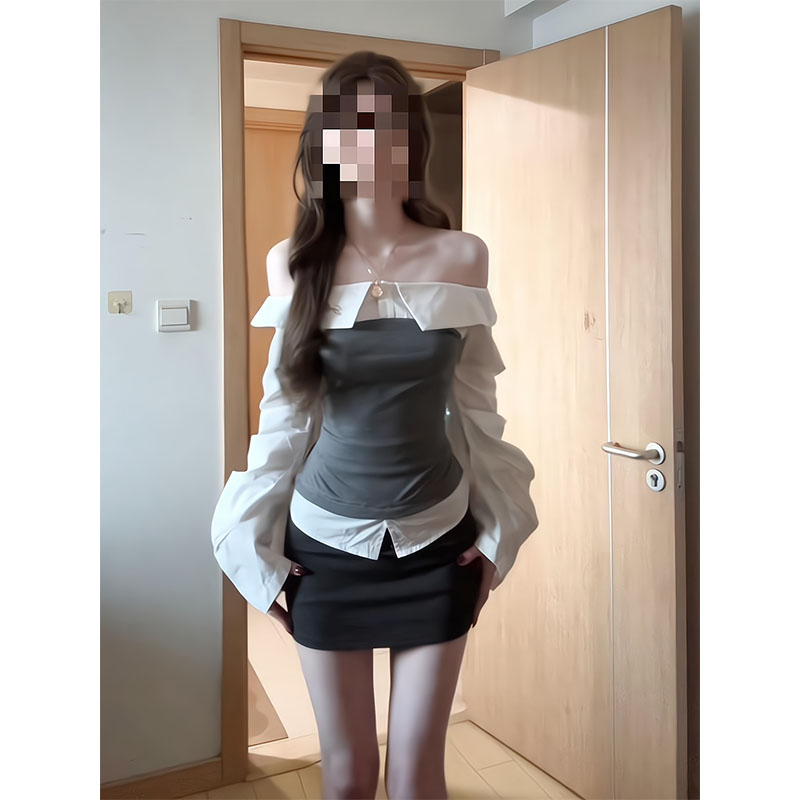 韩系纯欲风拼接一字肩褶皱长袖衬衫女绑带上衣A字半身裙包臀裙