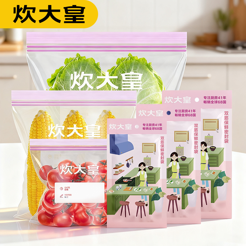 炊大皇密封保鲜袋家用食品级冰箱专用双筋加厚自封包装真空食品袋