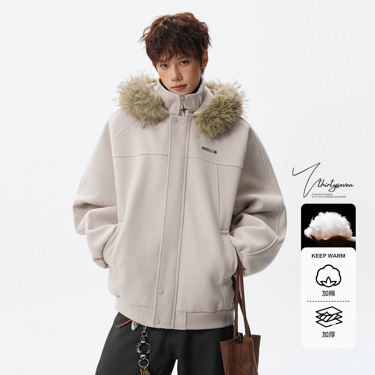 美式毛茸茸领拼接座山雕棉衣男冬季简约cleanfit加厚保暖棉服外套