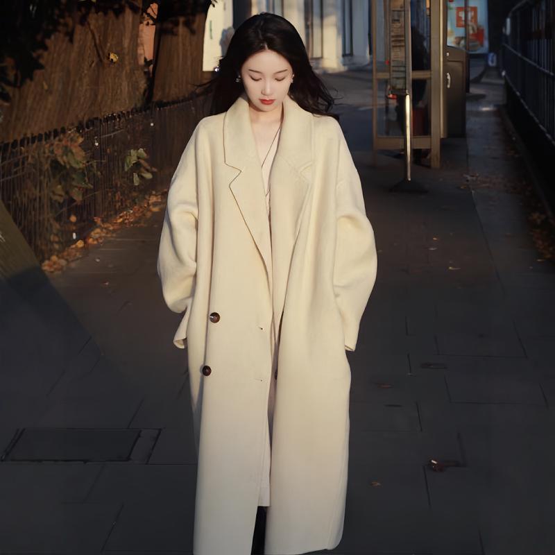 燕麦色双面羊绒大衣女中长款2025秋冬新款韩版宽松高端羊毛呢外套