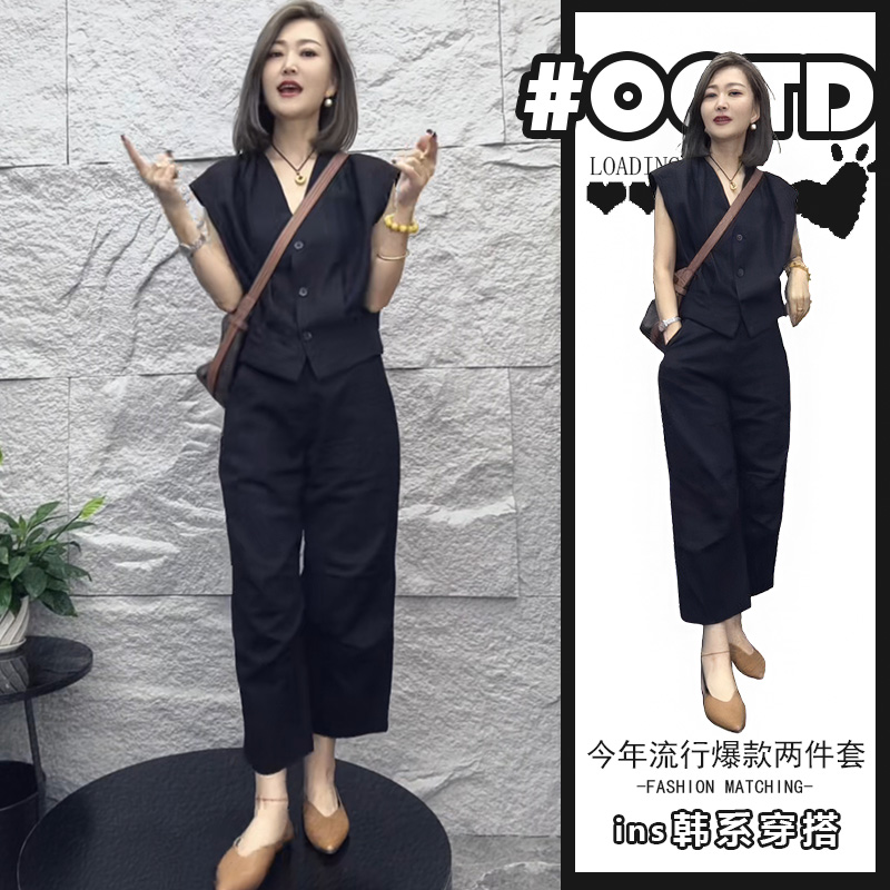 洋气炸街套装夏季2025新款港味气质黑色v领衬衫高腰运动休闲裤潮