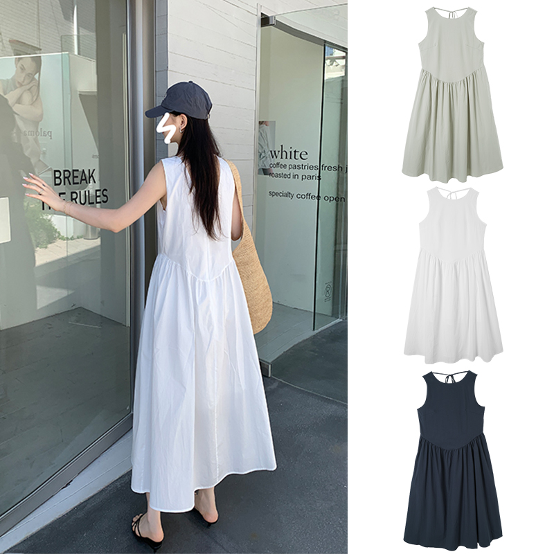 Miss sumey3853自制新品圆领纯色无袖长款气质连衣裙女系带长裙子