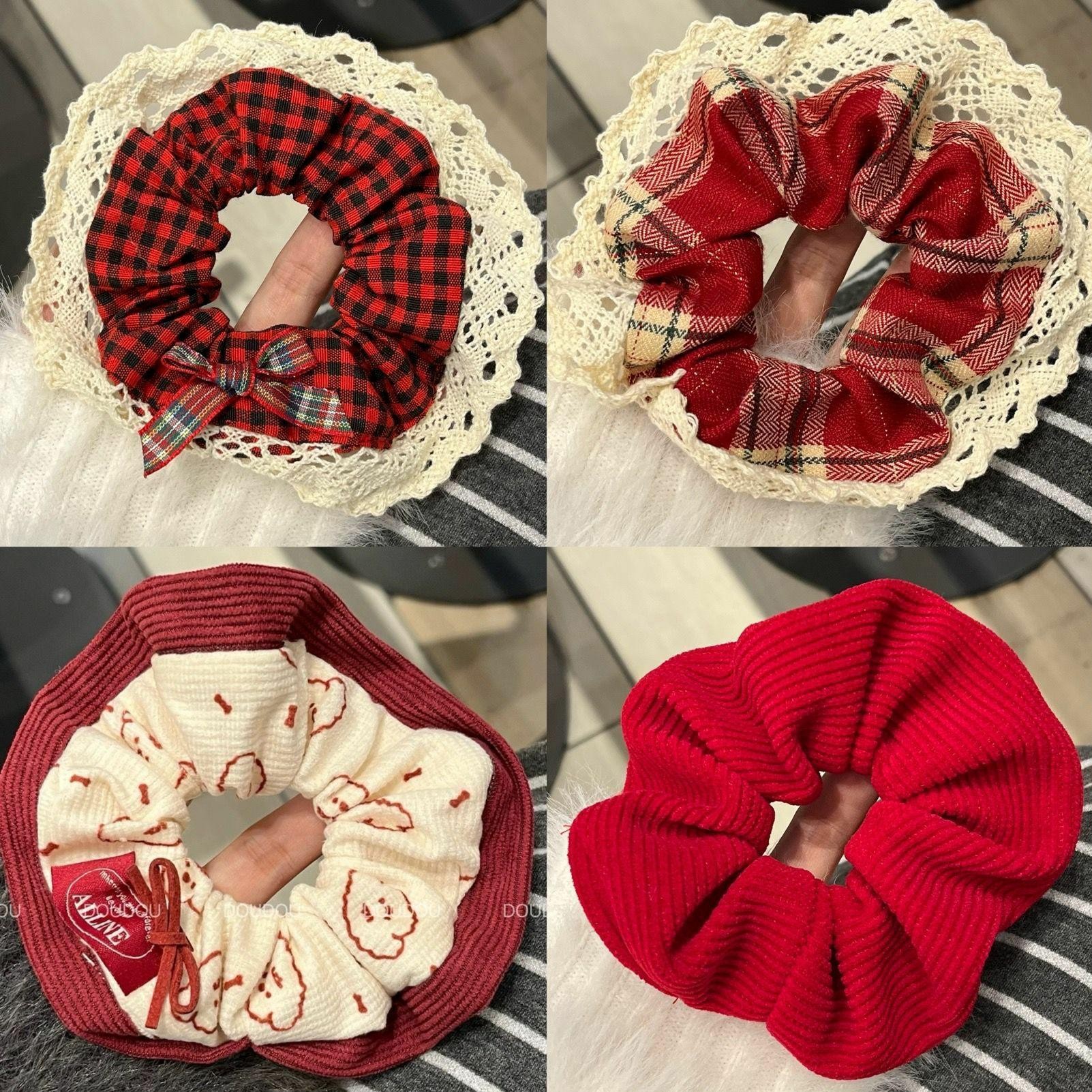 大肠发圈新年红色套装高级感黑色缎面头花发饰瑞丽风发圈发绳少女