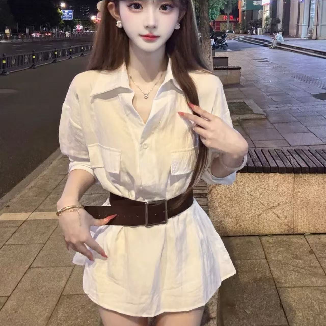 2025秋季新款时尚港风复古气质设计感中长款工装衬衫衬衫女配腰带