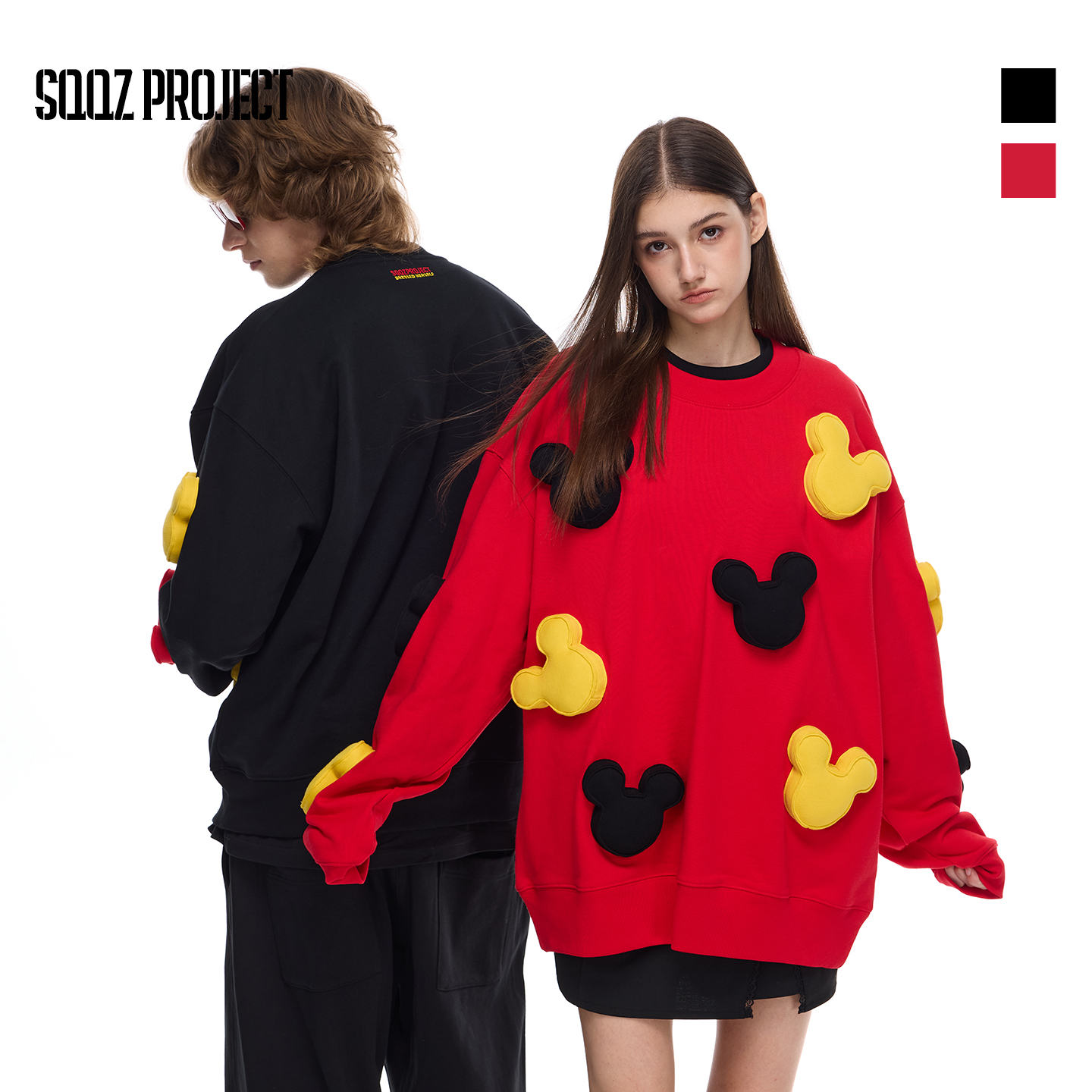 SQQZ PROJECT秋冬480G满身立体塞棉撞色米奇图案长袖圆领卫衣情侣