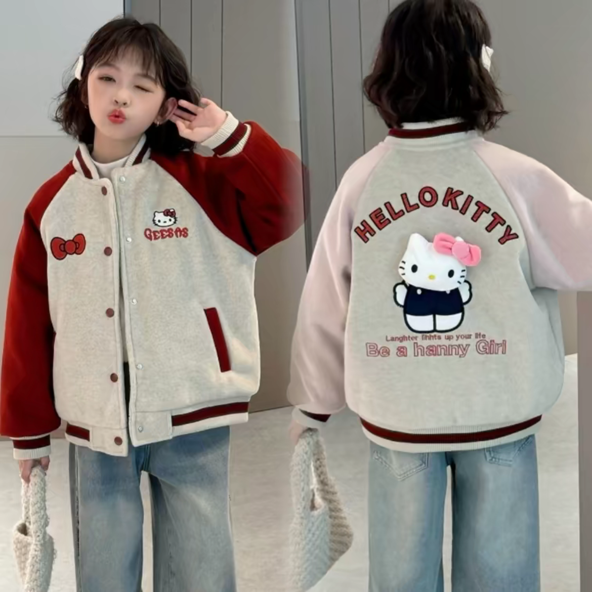 2025女童秋冬可爱夹棉加厚小猫凱蒂棒球服外套中大童保暖夹克棉衣