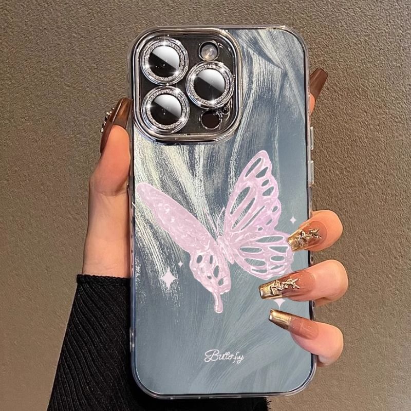粉色蝴蝶苹果13手机壳iPhone15小众14镭射11气囊12promax防摔简约