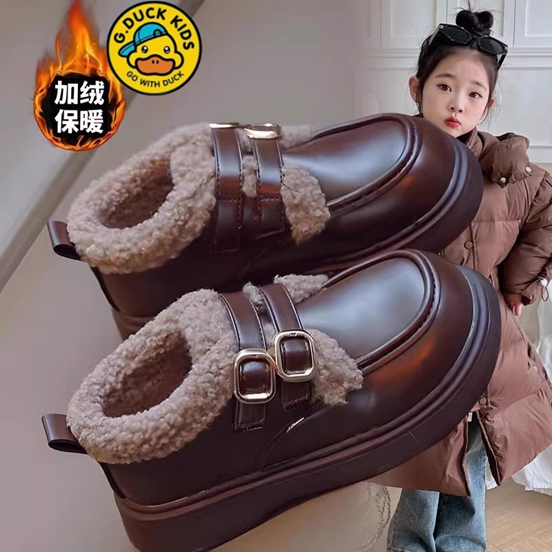 G.DUCK小黄鸭女童加绒小皮鞋2025冬季鞋子中大童保暖加厚棉鞋软底
