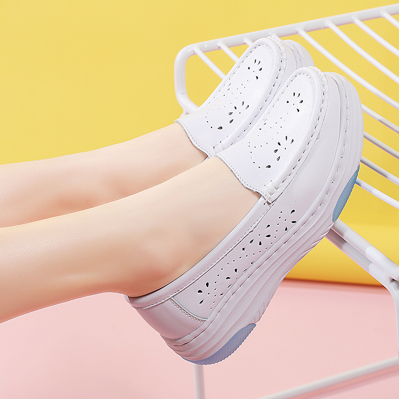 伊陌鸟护士鞋夏季镂空白色舒适感好透气软底皮鞋舒适工作不累脚鞋