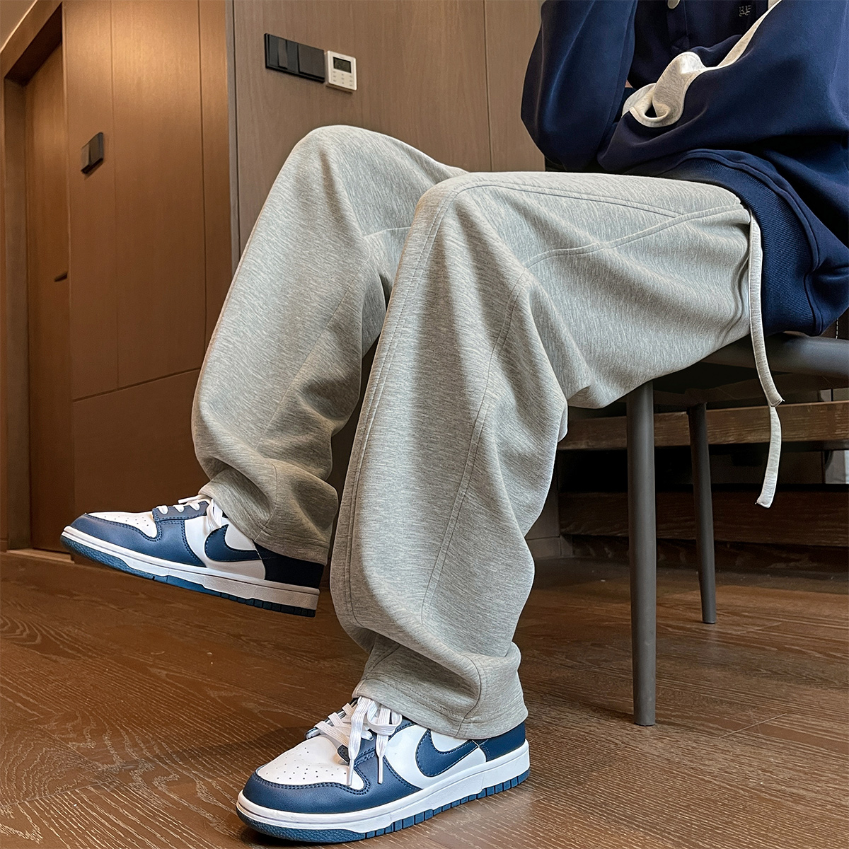 灰色运动卫裤男春秋直筒宽松双阔腿裤男裤子显高显瘦休闲裤男款