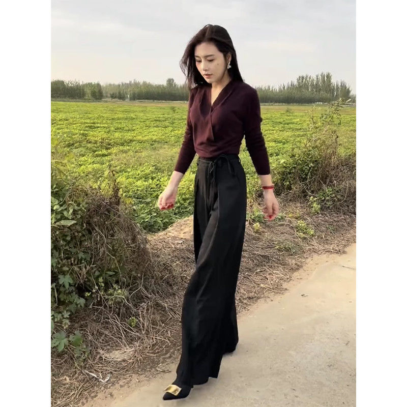 2025女春季网红气质时尚显瘦长袖上衣休闲百搭垂感收腰高腰阔腿裤