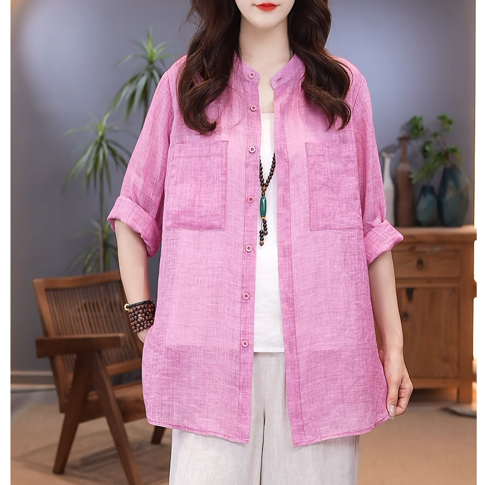 九月阿布原创色织纯苎麻上衣夏季文艺休闲百搭薄款立领衬衫E178