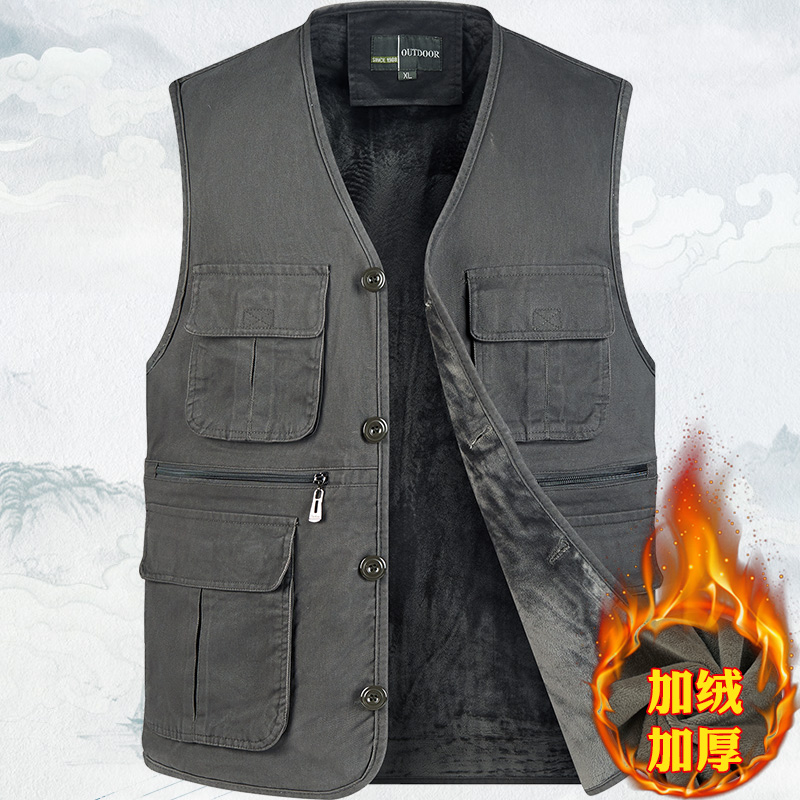 多口袋纯棉马甲中老年秋冬加绒厚款保暖坎肩爸爸马夹爷爷上衣背心