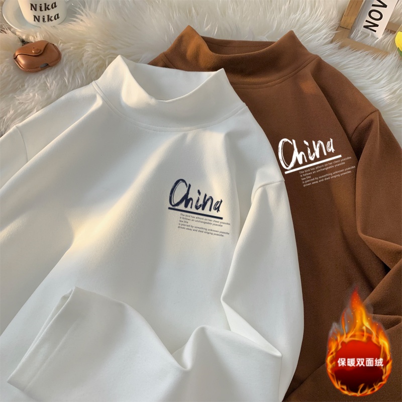 霄桂姿打底衫男冬季新款印花半高领潮流双面绒长袖T恤男大码内搭