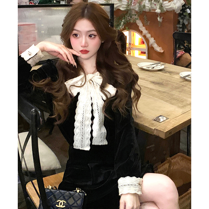 【两件套】赫曼千金小香风气质黑色2025秋冬复古上衣半身裙套装2393