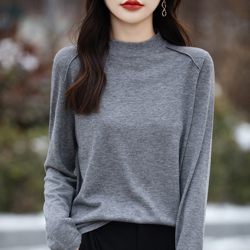 哥弟阿玛施正品秋新款纯色羊毛长袖针织女士显瘦半高领打底衫上衣