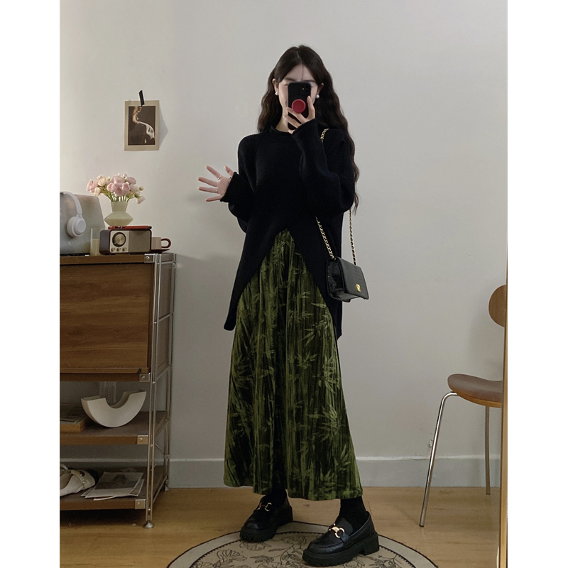 大码竹意浓新中式秋冬不规则毛衣松紧腰暗纹提花竹子丝绒半身裙