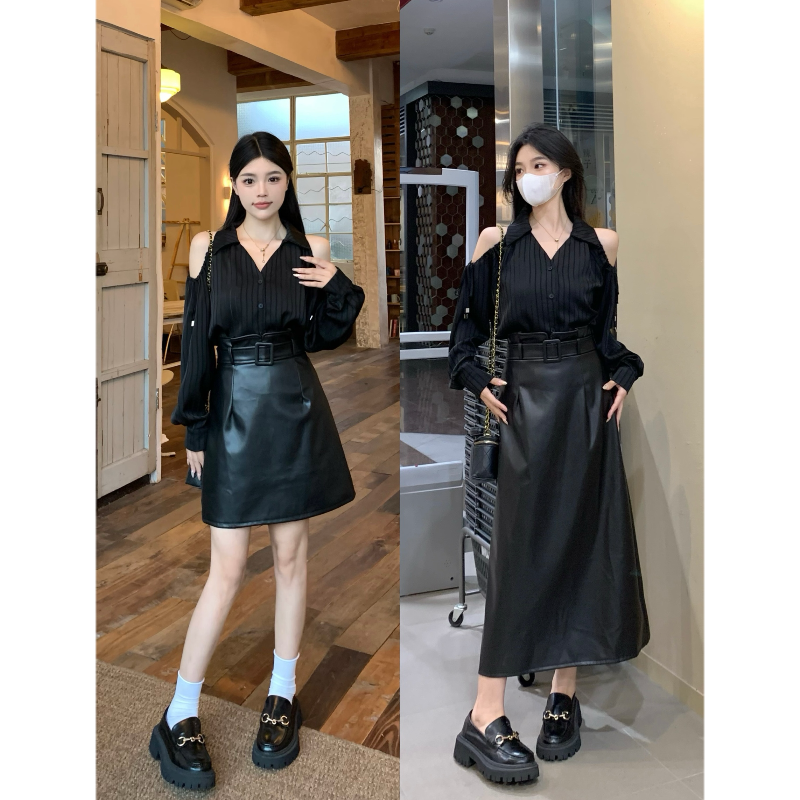 大码行走时髦精秋季V领露肩竖条纹质感衬衫高腰皮裙显瘦洋气穿搭