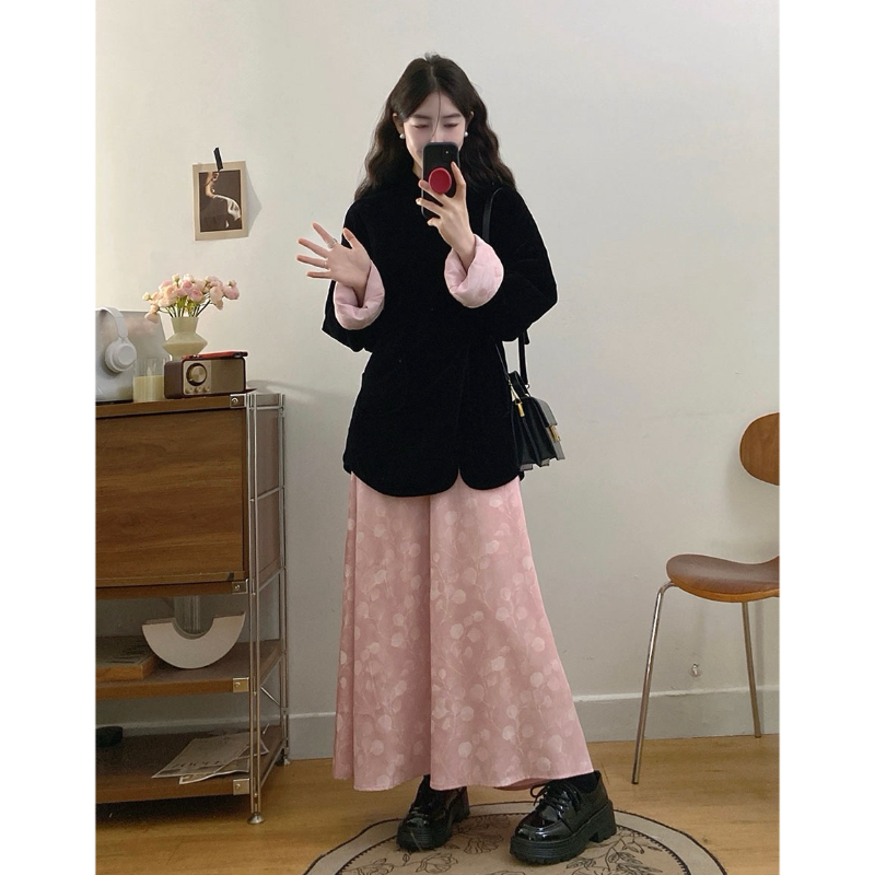 大码女装国风新中式撞色黑丝绒外套女气质半身裙胖MM高级感穿搭