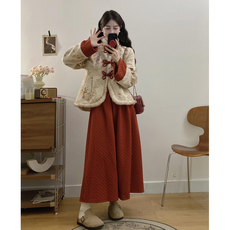 2025秋冬新款大码胖mm新中式国风加厚棉服外套半身裙女年味套装女