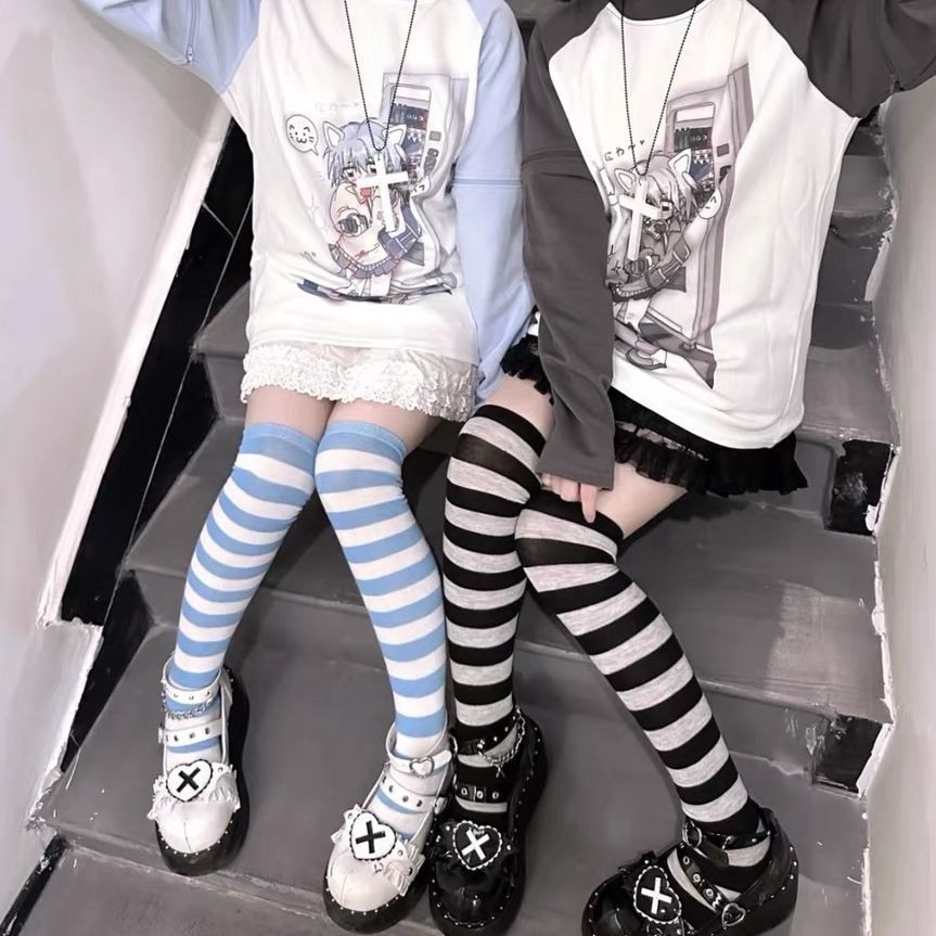 cosplay洛丽塔堆堆袜日系JK蓝白条纹过膝袜女薄款小腿袜长筒袜