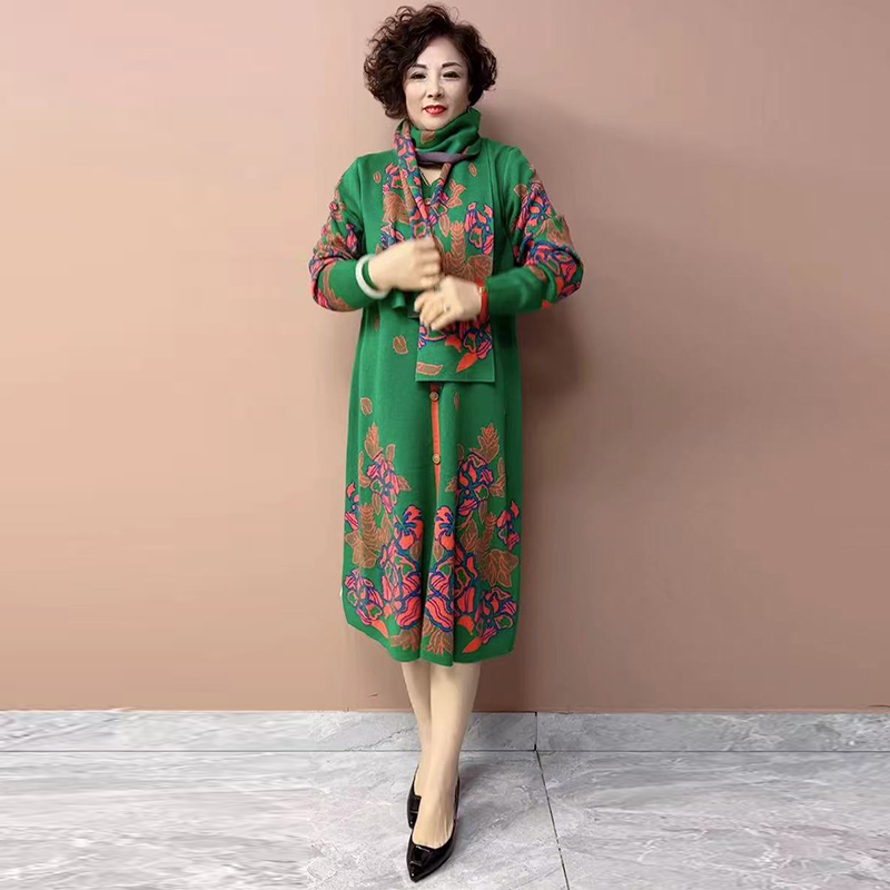 长袖民族风复古提花大码针织裙秋冬新款时尚遮肉显瘦宽松打底长裙