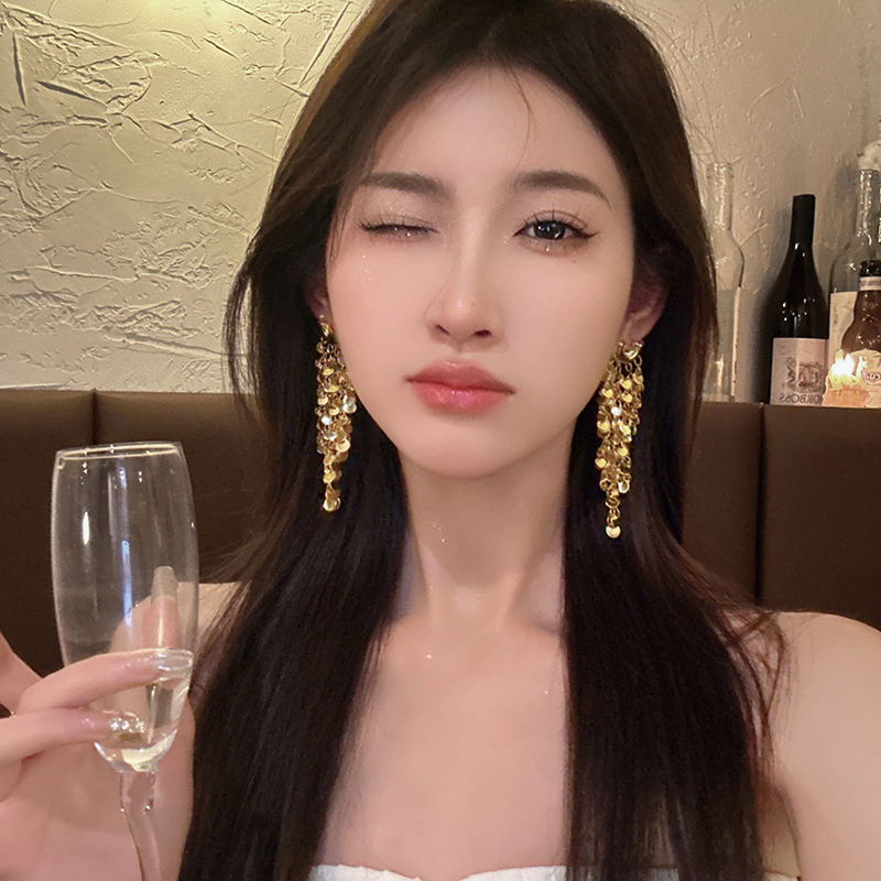 合金耳饰 大气高级感金属亮片流苏耳环女轻奢长款百搭气质时尚98~