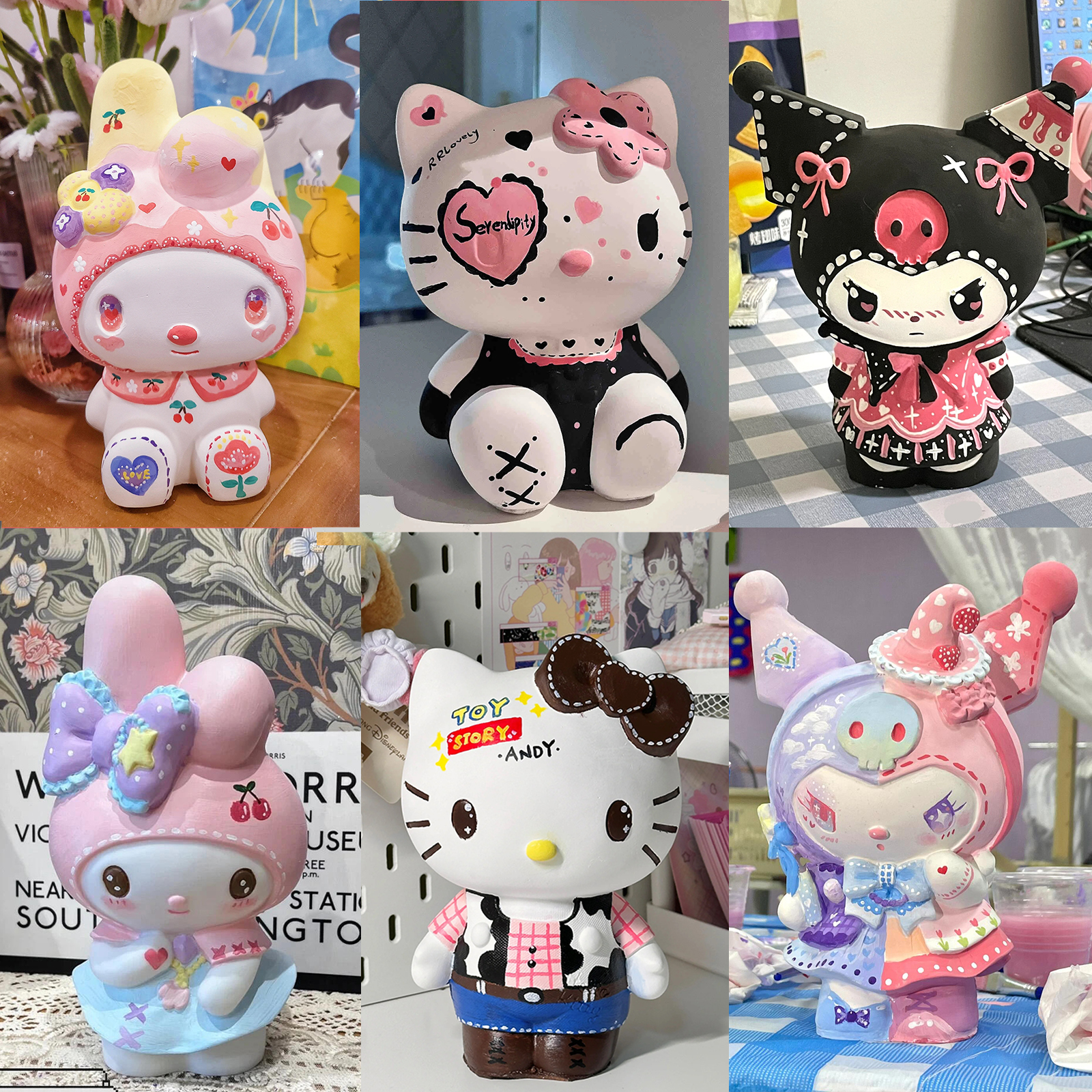 3D新款库洛米kt猫美乐蒂石膏娃娃涂色DIY创意儿童玩具石膏娃娃